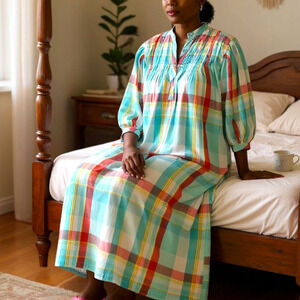 Vintage Saybury Nightshirt Blue Plaid Check Shirtdress Dress Cotton Muumuu Small